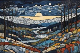 a dramatic painting of a lush Pacific Northwest forested river valley landscape under a pale winter moon, in the Art Brut style of Jean Dubuffet, rich natural colors, museum quality masterpiece