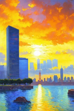 Amazing sunset, buildings, lake, rocks, distant city, trees, cyberpunk, sci-fi, claude monet impressionism paintings