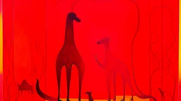 The painting features a vibrant red background with a gradient that transitions from a deeper red at the top to a lighter red at the bottom. On the left side, there are two elongated, slender figures with elongated limbs, resembling stylized animals or creatures, with one figure appearing to be holding a smaller, similarly shaped figure. The right side of the painting shows a similar figure, also with elongated limbs and a small, detailed structure at the bottom. The figures are outlined in a th