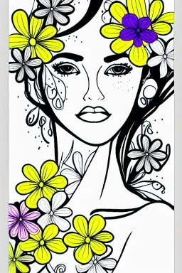 stunningly beautiful woman in flowers, coloring page, lineart