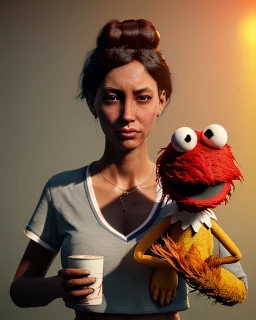 Waist up Portrait, hybrid character, waitress woman with monster muppet mask that covers her entire head, retro style, Sesame Street style, smooth, unreal engine 5, god lights, ray tracing, RTX, lumen lighting, ultra detail, volumetric lighting, 3d.