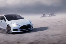 A Tesla 'Model Y' is drifting at top speed, on the planet 'Hoth'. CINEMATIC. WIDE ANGLE LENS. PHOTO REAL.