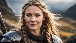 a portrait of a fierce Viking shieldmaiden, embodying bravery and resilience in a rugged landscape, AnjelikaV2, light smile, heavy armor