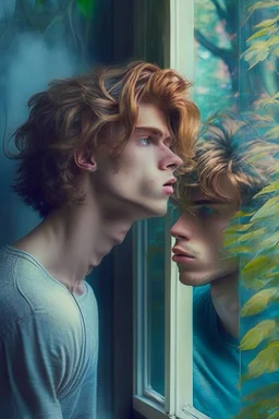 beautiful boy with pretty hair in age 25 his gay and smoking behind window while looking outdoor trees. His boyfriend try to kiss him