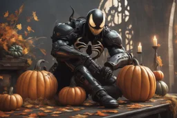 venom machine with pumpkin helmet in 8k nier automata artstyle, halloween them, pumpkin helmet, close picture, fantasy world, intricate details, highly detailed, high details, detailed portrait, masterpiece,ultra detailed, ultra quality