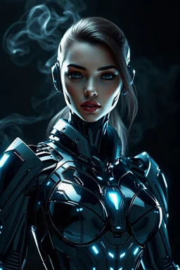 beautiful AI cyber woman, busty, black chrome and tech, futuristic, armor, hyper realism, nanotechnology, dark background with illuminated smoke