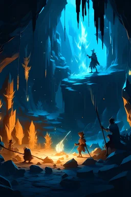 A hidden cave filled with glowing crystals and magical creatures. whit a man who has sword and magic staff fight magical beast