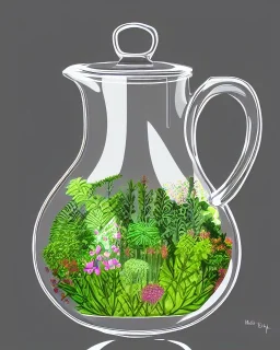 a glass jar teapot filled with plants, highly detailed, digital art, sharp focus, trending on art station, illustration