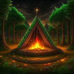 Camp fire, Rainy Night, highly detailed with lush forests, green leafs, flowers, pagan temple with runes, high resolution, 24k, ornate, intricate, complex, digital painting, smooth