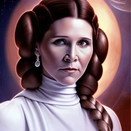 extremely detailed 8k hyperspace wallpaper,complete and photo realistic detailed head to waist stunning photo realistic portrait of carrie fisher as Princess Leia in star wars with photo realistic fine, simple and symetric hairstyle, brown eyes, professional majestic photo realistic painting by Ed Blinkey, Atey Ghailan, by Jeremy Mann, Greg Manchess, Antonio Moro, trending on ArtStation, Intricate, High Detail, Sharp focus, dramatic, by greg rutkowski, realism, beautiful and detailed lighting,