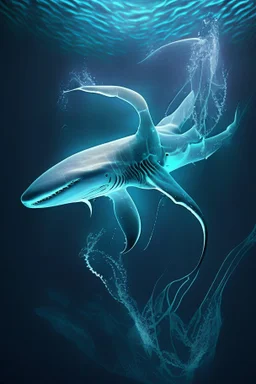 Shark, Scaled, Weightless Swimming, Bioluminescent Sea, Squid Tentacles, Transparent Skin