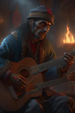 Bosch paint style Title: "gypsy guitar player , insanely detailed octane render trending on artstation, 8k artistic photography, photorealistic concept art, soft natural volumetric cinematic perfect light, chiaroscuro, award-winning photograph, masterpiece, oil on canvas, Raphael, Caravaggio, Greg Rutkowski, people, beksinski, Giger