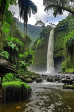 buatkan gambar air terjun di hutan amazon dengan kondisi setelah hujan dimana banyak burung yang berterbangan disekitar air terjun yang di kelilingi pohon