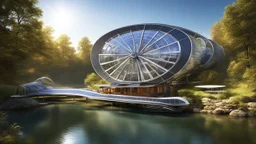 6003. Innovative environmentally-friendly home, solar panels, water wheel in river, alternative energy, scientific experiment, home of the future, fantasy, robotic, automated, spectacular, futuristic, beautiful lighting, attractive composition, photorealistic, extremely detailed, chiaroscuro