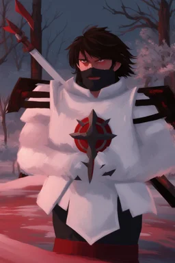 The character, depicted in a striking white armour against a wintry backdrop stands with his hands behind his back inside the scene, he has a red and black circular symbol on his chest like a shield, a black pointed spear with a red handle on his back, His eyes are showing a dynamic expression and he wears a black oni mask with white teeth covering the bottom part of his mouth he has brown shoulder pads and a white belt with a bag attached to it. He has dark brown hair, he does not wear a helmet