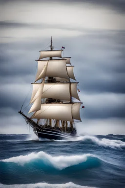 a high seas adventure - perfect waves, perfect ship, perfect sails, perfect weather, professional quality, UHD, 8x10 digital photograph -colorful, playful, bright, vibrant, jewelry, calligraphic, dainty, ornate, flirtatious, Delicate, beautiful patterns, fairy tale background, dark blue and gray gradated background, fog, multicolored explosions of light