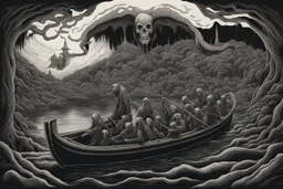 on the Styx river , in a special boat the boatman is the death carrying the souls of sinful people into the endless darkness, surreal style, dark colors, strange landscape, detailed, sinister, depressive, surreal style crepy stunning