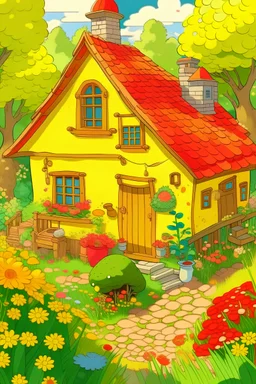 ghibli inspired cute family cottage and garden close up art painterly yellow red