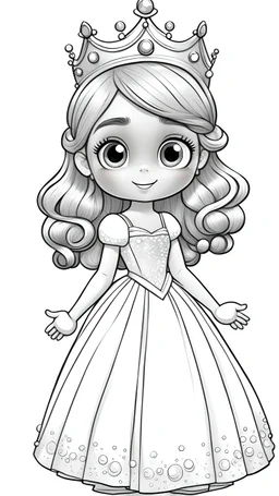 black and white, ((white background,)) coloring drawing page, cartoon, style pixar, line art, All body, beautiful cute princess, simple dress, with cute hair and eyes, sparkles,