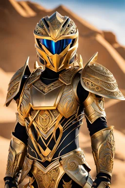 Full body photography,front_view,power ranger looking at viewer,traditional dress ornaments mechanical_armor,intricate armor, delicate golden filigree, intricate filigree, black metalic parts, detailed part,desert background, dynamic lighting