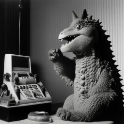 Godzilla as a muppet kawaii calling phone using a nokia, studio photo. Magazine 1970