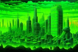 A neon green haunted cybernetic city with pixelated ghosts painted by Caspar David Friedrich