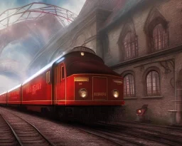 landscape of a vintage red train pulling into a station, hogwarts express, platfrom 9 3/4, dynamic lighting, dynamic movement, DSLR, panorama, wide-angle lens, perspective