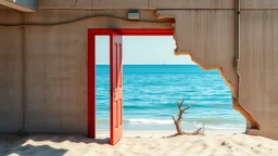 A bright red door is partially open, set against a backdrop of calm blue ocean waters and a sandy beach. The wall around the door is weathered and peeling, with exposed concrete and some electrical wires visible. The scene has a tranquil yet surreal quality, with gentle waves lapping at the shore and hints of sunlight illuminating the area. Beachfront surreal distant photo, archival pigment print, minimal composition, serene vibe, amazing reflections, liminal space, liminal vibe, unnerving