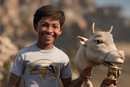 At the top of the trophy, there is a boy character in a triumphant pose. The boy is around 10 years old and is depicted with an enthusiastic and confident expression. He has a joyful smile on his face, and his eyes are gleaming with pride.