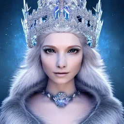 the most incredible, stunning, beautiful ice queen goddess, intricate crystal ice crown, detailed fur on shoulders, iridescent snow gown, 8k resolution, high-quality, fine-detail, elaborate, digital art, detailed matte, volumetric lighting, beautiful, illustration, 3D octane render, brian froud, howard lyon, selina french, anna dittmann, annie stokes, lisa parker, greg rutowski,