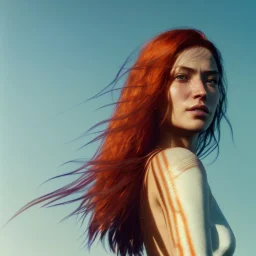 A beautiful portrait of a cyberpunk woman with lot's of grain on her skin red head with hair flying in the wind cyborg smiling facing camera orange color scheme, high key lighting, volumetric light high details with white stripes and feathers unreal 5, octane render, cinema4d, dynamic lighting, dramatic lighting, 4k, redshift render, highly detailed, hyper realistic