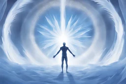 au centre de l'image, un homme nu debout sous un puissant faisceau de lumière blanc et bleu, il y a autour de lui dans les airs un grand cercle de cristaux qui flotte, présence angélique, colonnes avec des flammes blanches jusqu'au ciel