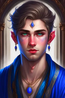 a wealthy half-elf young man with pointy ears and blue eyes, wears lots of jewelry