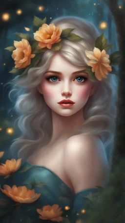 Painting of a beautiful girl, beautiful, haunted forest, flowers on her head, glitter dress, young girl, digital painting, fantasy art, pretty face, inspired by Thomas Kinkade, anime portrait, barbie face, big eyes, bright eyes, dream, trees, forest background, dark night, song, glitters background, fantasy, high quality, 8k