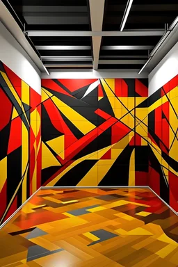 Create handpainted wall mural with geometric shapes dynamically dissected by bold lines, reflecting the vibrant and dynamic spirit of Vorticism. Use red, yellow, and black for an energetic composition
