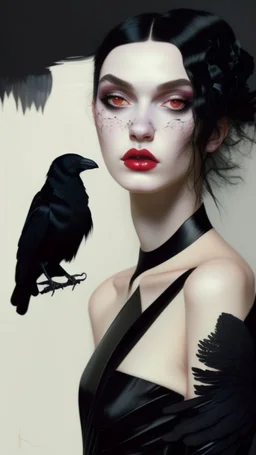 painting by koson ohara and marta bevacqua, portrait of a beautiful goth woman with black hair Caress a crow, wearing a black dress, 8k, high quality, highly detailed full body