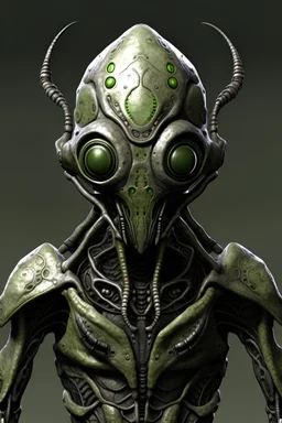 humanoid, greyish green appearance, the face is a featureless surface with spider eyes, covered in insectoid shell-like armour,