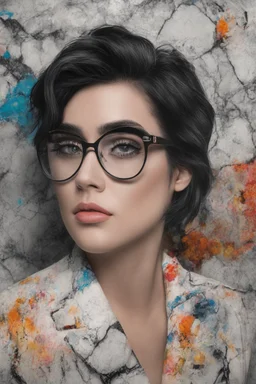 Elvis Presley, Lucy Hale Hybrid, thick, black framed, dark tinted, cat-eye eyeglasses, 4k UHD, photorealistic, bright, extremely colorful, multicolored, foggy, gradated marble wall background, extremely detailed skin texture,