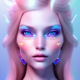  beautiful, soft, whide smile face, long blonde straight hair, blue eyes, fairy wings on the back, transparent crystal blue and pink background, big definition, 8K