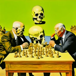 Putin, President Xi Of China And Joe Biden Play Chess With A Pigeon,Ufo And Atomic Bomb Mushroom Cloud,Complex Surgical Instruments Intermixed With A Newborn Boy,Minimalism,Painting By Adrian Ghenie,Rene Magritte,Pablo Picasso,Michelangelo,Salvador Dali,Lucian Freud