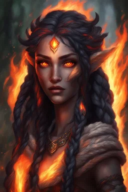 Fire Eladrin druid female. Hair is long and bright black, part is braided and fire comes out from it. Big bright red eyes. Creates fire from her own hands . Has a big scar over whole face. Skin color is dark