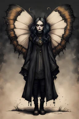 Jean-Baptiste Monge style 19th century hand drawn full body portrait dark gothic fantasy illustration of a walking hybrid Polyphemus moth goth girl, with highly detailed facial features with large sad eyes, drawings, 8k, vibrant natural colors, otherworldly and fantastic