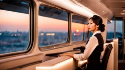 A gorgeous Asian model in an air hostess uniform looking out of the window at sunset