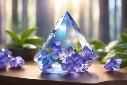 crystal munltifaceted prism well defined shining light blu with plants violets well definted shining magical landscape with light shining drops