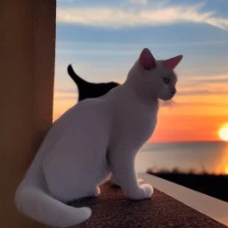 cat watching sun set with a drink