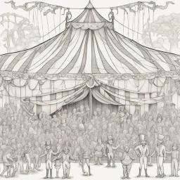 Coloring book page:: Circus: A whimsical illustration of a circus tent with acrobats, clowns, and a ringmaster:: high detail adult coloring book page thin black lines white background, 1 bit line art coloring book, only draw outlines, crisp, thick outlines, use up the entire screen, outline art, storybook illustration –no noise, book, logo, page, letters, words, markers, grayscale, –no black background –ar 3:4 –v 4