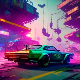 photo quality, unreal engine render, highest quality, stop-motion animation, vivid neon colors, volumetric lighting, cyberpunk 2077, classic car junkyard, deep colors in a dark setting background, post-apocalyptic,