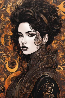an abstract portrait of a goth punk girl from calligraphic letters, flourishes, and swirls , finely drawn and inked, in classic Arabic calligraphy, 4k, hyper detailed in the style of EL SEED and vibrantly colored in the style of GUSTAV KLIMT