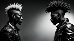 two Afro-American males facing each other in profile, confrontational stance, high-contrast black and white, deep shadows, bright rim lighting, dark studio background, punk spiked mohawk hairstyles, metallic reflective jackets, skin highlights, intricate chrome ear frames and jawline exoskeleton jewelry, biomechanical ear cuffs, sculptural contours, sharp silhouettes, cinematic low-key photography, cyberpunk aesthetic, symbolic duality, tension, dramatic