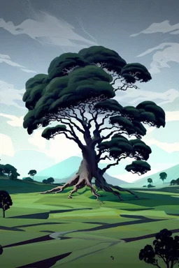 Beautiful landscape with trees, earth opens up and breaks down in black polygons.